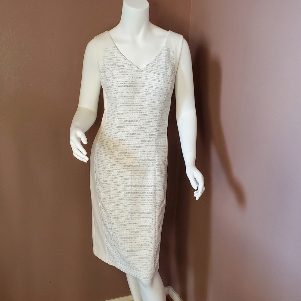 NWOT WHBM white and silver boucle & Ponte knit sheath dress 6